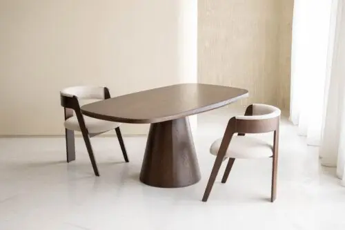 Japandi Dining Table Rosa with a walnut-colored wooden finish in a minimalist Japandi and Scandinavian interior. 180x100 cm