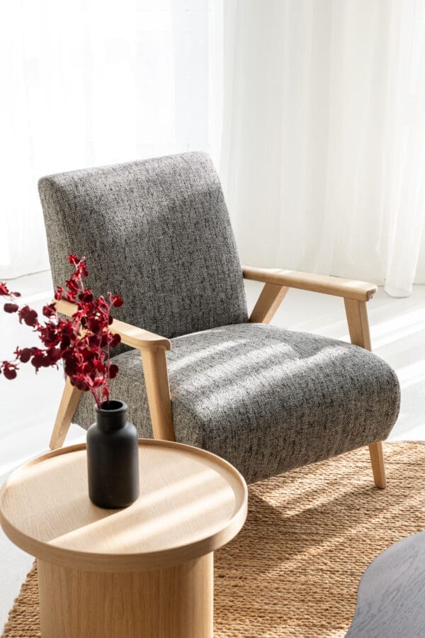 Dunya armchair in Japandi style in a minimalist living room