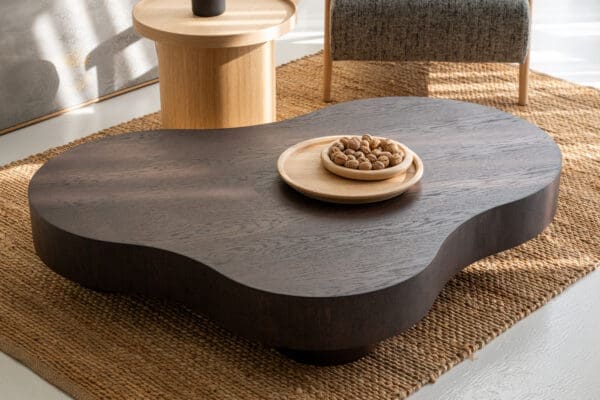 Japandi and Scandinavian style coffee table in brownie with an organic shape