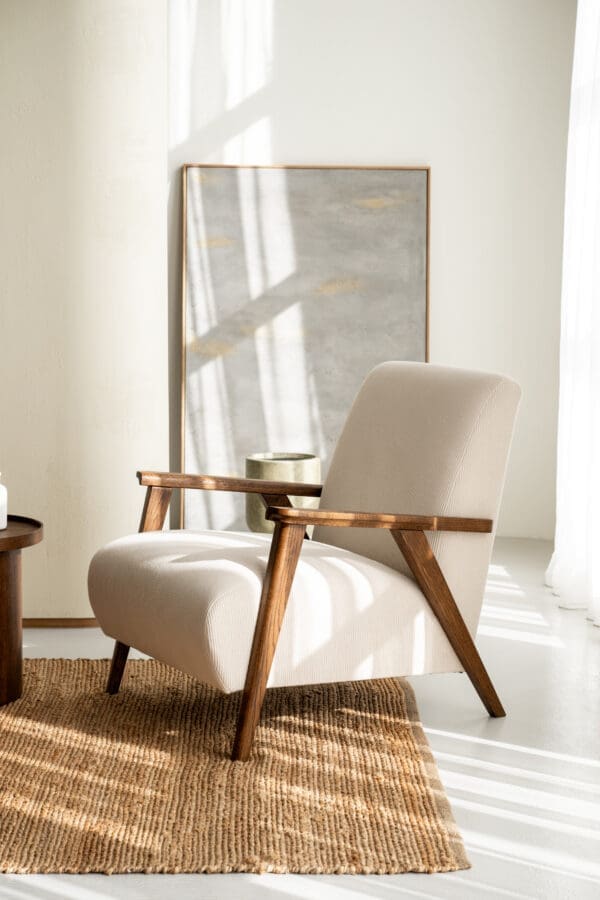 Dunya lounge chair in Japandi style made of oak with veneer fabric