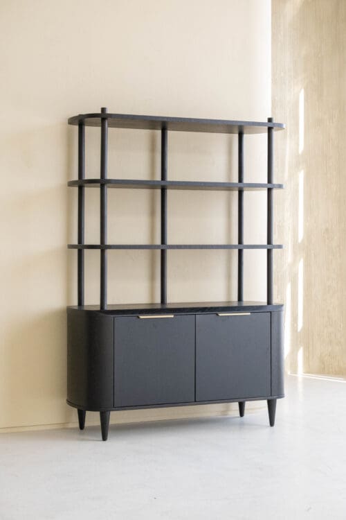 Japandi Bookcase Riverton | Ebony | Open Cabinet with Drawers